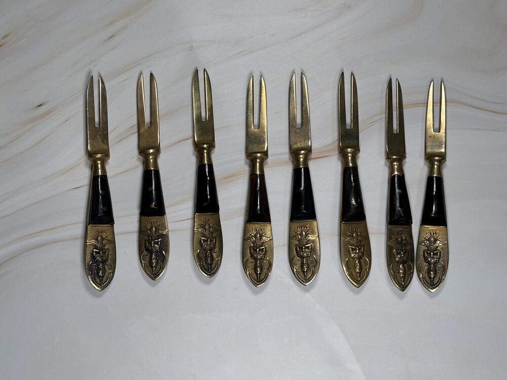 Set of 8 Vintage Thailand Siam Appetizer Fork Rosewood Nickel Bronze 1950s